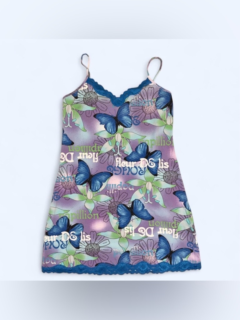 Butterfly Print Slip Dress with Blue Lace Trim